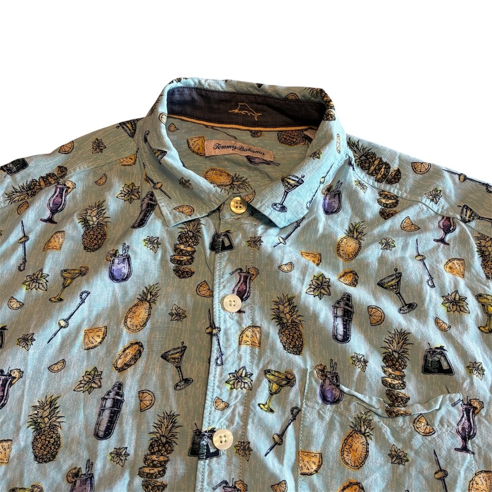 Tommy Bahama Mens Blue Button Down Shirt Cocktail Pineapple Tropical Print M